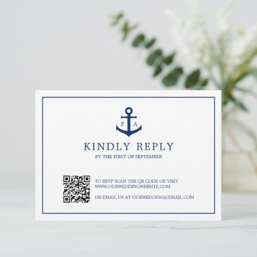 Cartons Réponse Ancre bleu marine Monogramme QR Code Mariage nauti (Debout devant)
