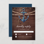 Cartons Réponse Ancre bleue Rustic Wood Marine Mariage nautique<br><div class="desc">Elégante carte RSVP à thème nautique avec ancre peinte à l'aquarelle et lumières à cordes avec typographie moderne.</div>