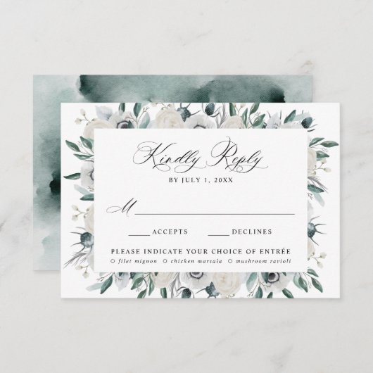 Cartons Réponse Anémones blancs et choix de repas Rose Mariage RSV (Devant / Derrière)