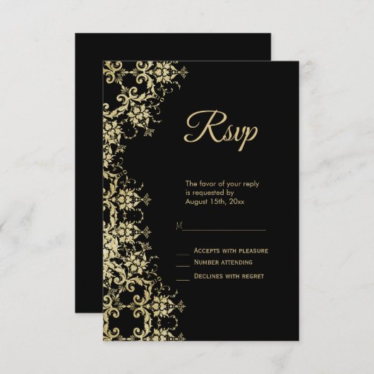 Cartons Réponse Anniversaire Classy Gold & Black Damask (Devant / Derrière)