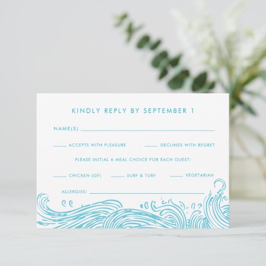 Cartons Réponse Aqua Blue Ocean Waves Repas Options Plage Mariage (Debout devant)