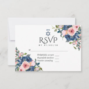 Cartons Réponse Aquarelle baptême de fille Navy et rose floral