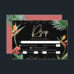 Cartons Réponse Aquarelle bat mitzvah Black Gold Tropical Palm<br><div class="desc">Soyez fier, réjouissez-vous et célébrez cette étape importante de votre Bat mitzvah préféré avec cette carte d'insertion RSVP sophistiquée et personnalisée pour votre événement! Élégant, étonnant, coloré, oiseaux d'aquarelle tropicale de fleurs de paradis, faux écriture manuscrite or, Star of David et points de parties scintillant, avec le type sans serif...</div>