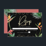 Cartons Réponse Aquarelle bat mitzvah Tropical Black Gold Palm<br><div class="desc">Soyez fier, réjouissez-vous et célébrez cette étape importante de votre Bat mitzvah préféré avec cette carte d'insertion RSVP sophistiquée et personnalisée pour votre événement! Élégant, étonnant, coloré, oiseaux d'aquarelle tropicale de fleurs de paradis, faux écriture manuscrite or, Star of David et points de parties scintillant, avec le type sans serif...</div>