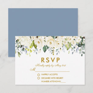 Cartons Réponse Aquarelle Blanc Floral Dusty Bleu Mariage Or