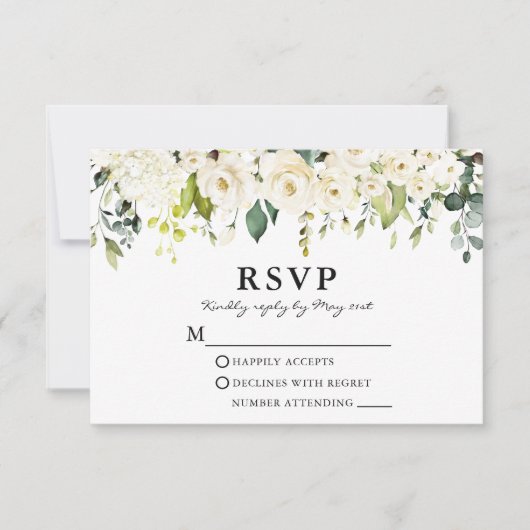 Cartons Réponse Aquarelle Blanc Floral Mariage Vert (Devant)