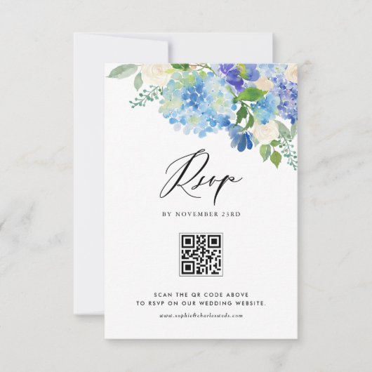 Cartons Réponse Aquarelle bleu Hydrangea Fleurs Mariage QR Code (Devant)