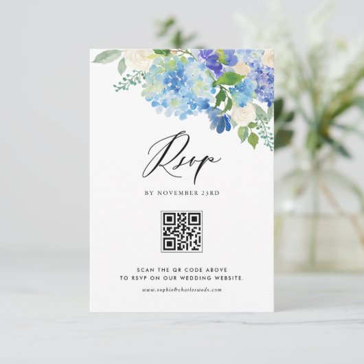 Cartons Réponse Aquarelle bleu Hydrangea Fleurs Mariage QR Code (Debout devant)