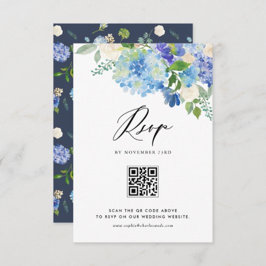 Cartons Réponse Aquarelle bleu Hydrangea Fleurs Mariage QR Code (Devant / Derrière)