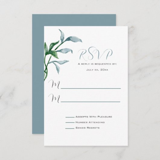Cartons Réponse Aquarelle bleu vert Feuille Mariage (Devant / Derrière)