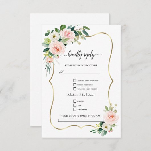 Cartons Réponse Aquarelle Blush Fleurs d'ivoire Mariage or (Devant / Derrière)