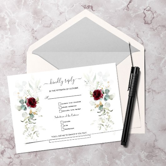 Cartons Réponse Aquarelle Bourgogne Floral Feuille Mariage