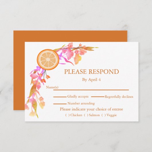 Cartons Réponse Aquarelle de fruits orange d'agrumes Mariage flora (Devant / Derrière)