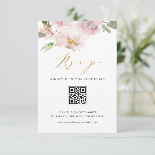 Cartons Réponse Aquarelle féminine Blush Flowers Mariage QR Code (Debout devant)