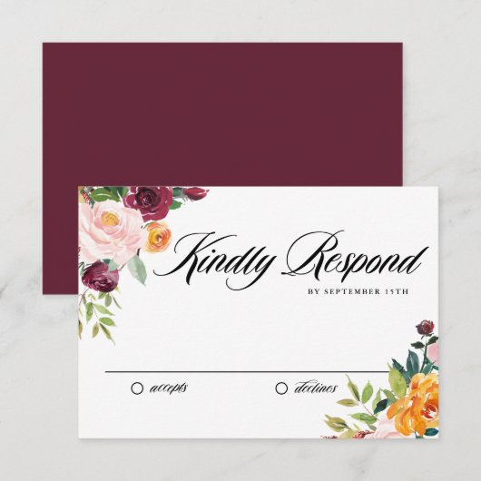 Cartons Réponse Aquarelle Fleurs d'automne Bouquet Mariage de auto (Devant / Derrière)