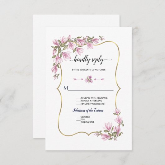 Cartons Réponse Aquarelle Fleurs Magnolia Mariage or en fleurs (Devant / Derrière)