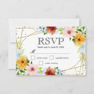 Cartons Réponse Aquarelle Fleurs Rouges Jaunes Bleues Mariage