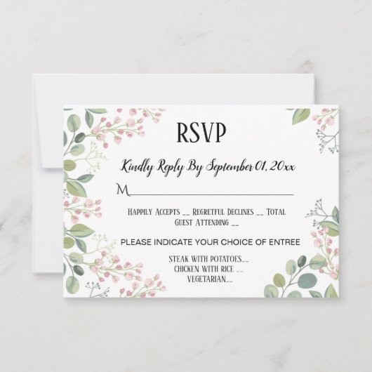Cartons Réponse Aquarelle Floral Mariage avec choix de repas (Devant)