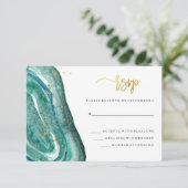 Cartons Réponse Aquarelle Géode Turquoise et Mariage en or Faux RS (Debout devant)