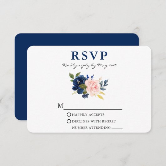 Cartons Réponse Aquarelle moderne Classique Bleu rose Mariage Flor (Devant / Derrière)