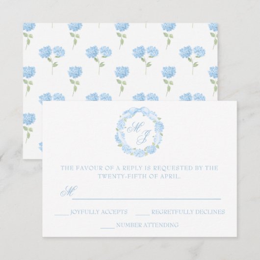 Cartons Réponse Aquarelle Monogramme bleu Hydrangea Mariage de cou (Devant / Derrière)