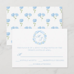 Cartons Réponse Aquarelle Monogramme bleu Hydrangea Mariage de cou