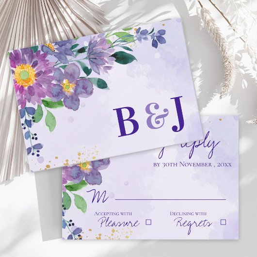 Cartons Réponse Aquarelle Monogramme bleu violet Mariage Floral