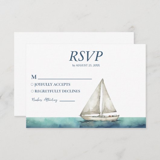 Cartons Réponse Aquarelle Nautique Navire Voilier Mariage (Devant / Derrière)