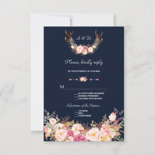 Cartons Réponse Aquarelle rose Fleurs blanches Antlers Mariage RSV