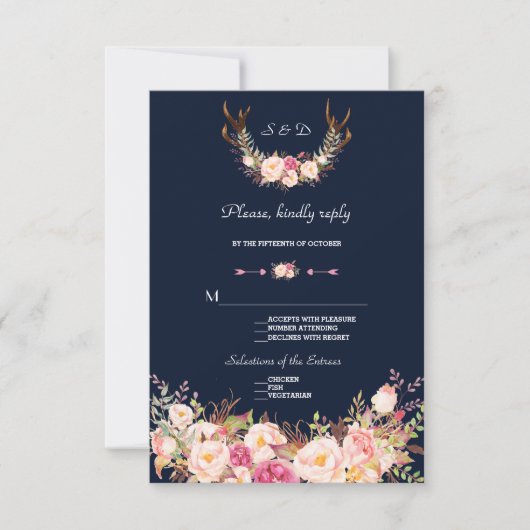 Cartons Réponse Aquarelle rose Fleurs blanches Antlers Mariage RSV (Devant)