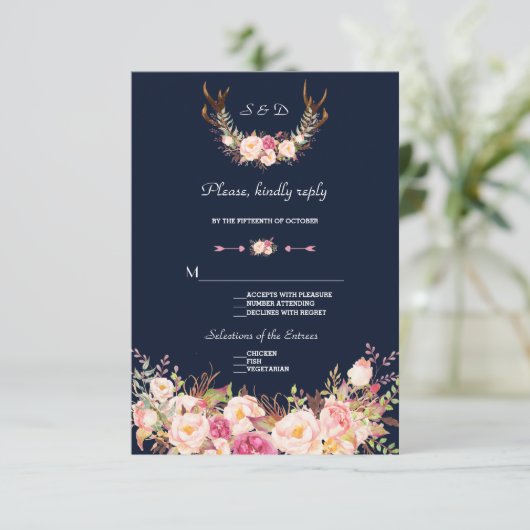 Cartons Réponse Aquarelle rose Fleurs blanches Antlers Mariage RSV (Debout devant)