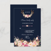 Cartons Réponse Aquarelle rose Fleurs blanches Antlers Mariage RSV (Devant / Derrière)