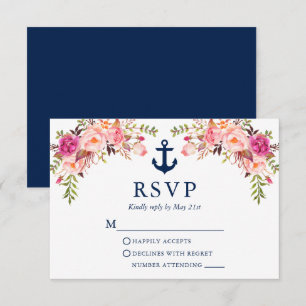 Cartons Réponse Aquarelle rose Floral Ancre Mariage bleu