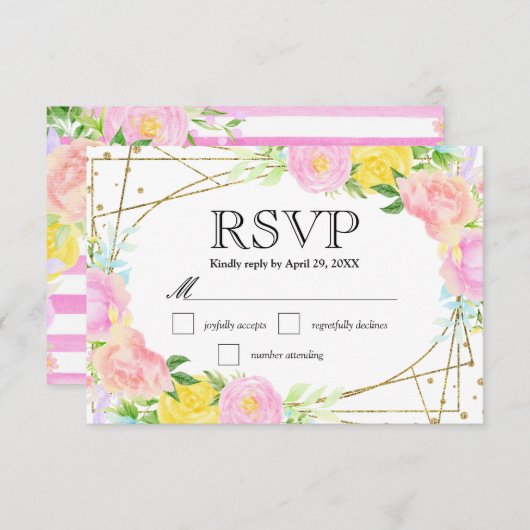 Cartons Réponse Aquarelle rose jaune bleu Mariage (Devant / Derrière)