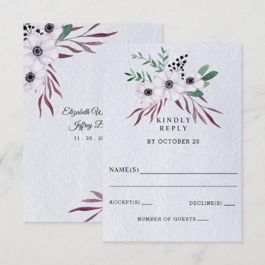 Cartons Réponse Aquarelle rustique Dusty Bleu Blanc Floral Mariage (Devant / Derrière)