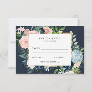 Cartons Réponse Aquarelle Rustique Marine Blush or Floral Mariage