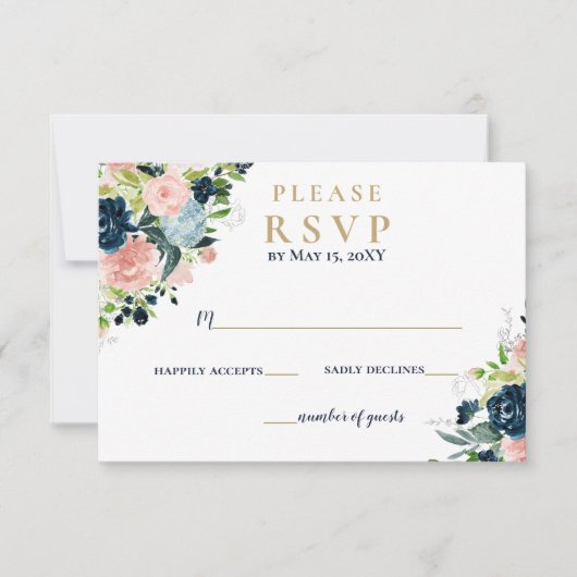 Cartons Réponse Aquarelle Rustique Marine Blush or Floral Mariage (Devant)