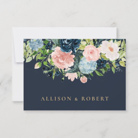 Cartons Réponse Aquarelle Rustique Marine Blush or Floral Mariage (Dos)