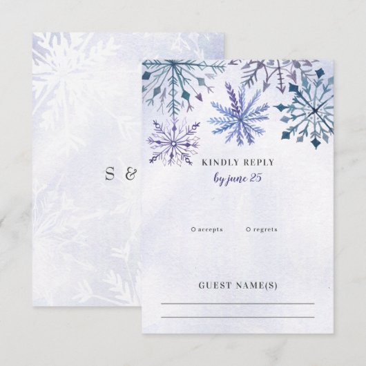Cartons Réponse Aquarelle rustique Snowflakes Blue Winter Wedding  (Devant / Derrière)