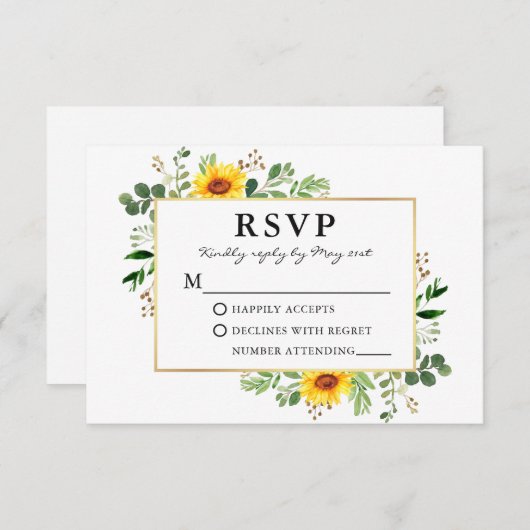 Cartons Réponse Aquarelle Verdure Fleurs de soleil Mariage or (Devant / Derrière)