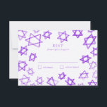 Cartons Réponse Aquarelle violet étoile de David Bar Bat mitzvah<br><div class="desc">Réponse parfaite carte RSVP pour un bat mitzvah, bar mitzvah ou toute autre célébration juive ! L'aquarelle faite à la main pour vous à l'avant et à l'arrière! ENTIÈREMENT PERSONNALISABLE ! Cliquez sur "Personnaliser" ci-dessus pour modifier le texte. Cliquez sur "modifier à l'aide de l'outil de conception" pour ajuster les...</div>