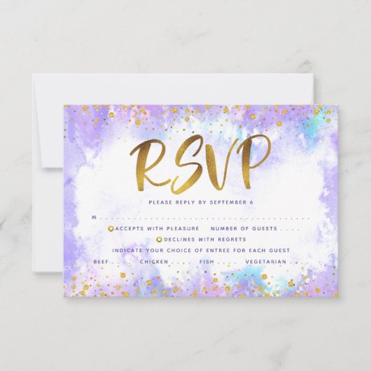 Cartons Réponse Aquarelle violette bat mitzvah en feuille d'or (Devant)