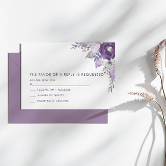 Cartons Réponse Aquarelle violette et argentée Mariage floral