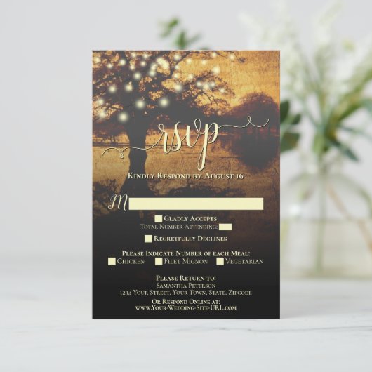 Cartons Réponse Arbre d'automne rustique avec lumières Mariage élé (Debout devant)