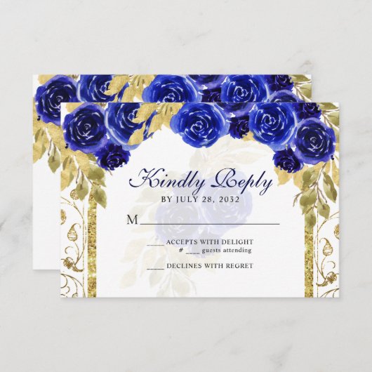 Cartons Réponse Arc Floral Royal Bleu Or Quinceañera (Devant / Derrière)