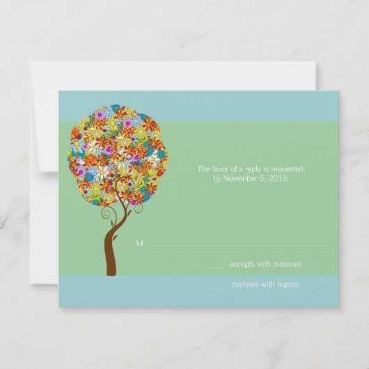 Cartons Réponse Argent Aqua Blue Flower Love Tree Wedding Inviter (Devant)