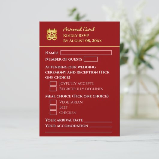 Cartons Réponse Arrivée de destination rouge foncé mariage chinois (Debout devant)