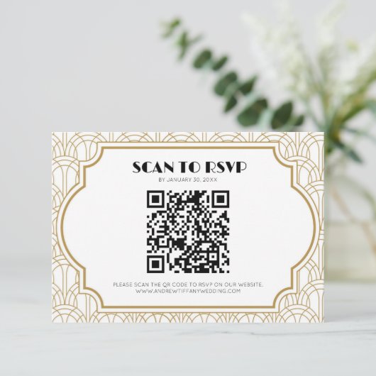Cartons Réponse Art Déco Gatsby 1920 Mariage White Gold QR Code (Debout devant)