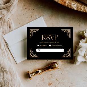 Cartons Réponse Art Déco Moderne Mariage Élégant Noir et Or