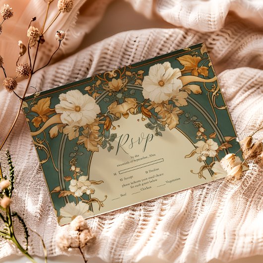 Cartons Réponse Art Nouveau Mariage d'Arc Botanique Or
